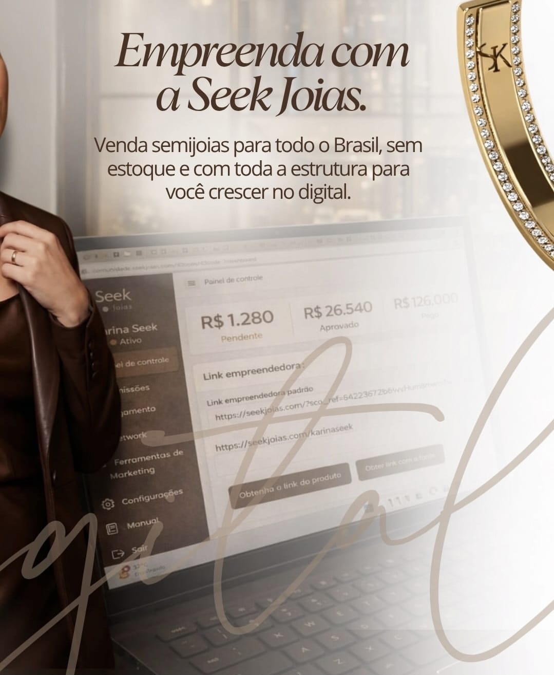 Painel de controle da empreendedora Seek com comissões e link de vendas